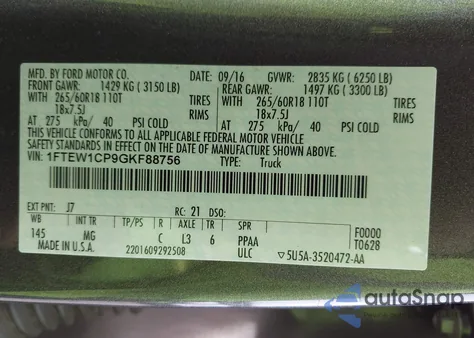 2016 Ford F-150 Xlt from USA, damaged, VIN 1FTEW1CP9GKF88756